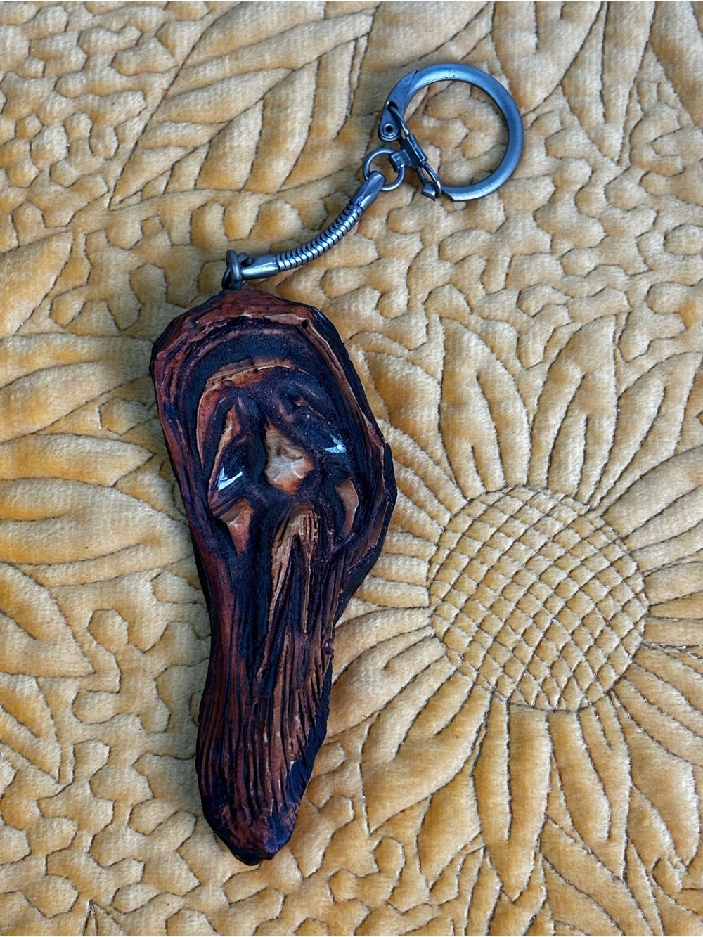 Hand Carved Wood Bearded Face Keychain Brown Wooden Key Ring Folk Art Rustic